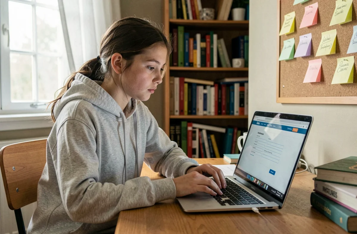 Adolescente concentrée utilisant un ordinateur portable pour s'inscrire au bac sur le portail Cyclades depuis sa chambre