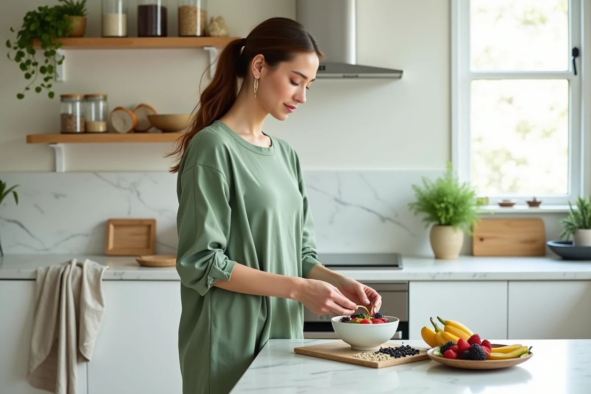 Femme enceinte préparant un bol nutritif dans une cuisine naturelle et minimaliste pour une maternité saine