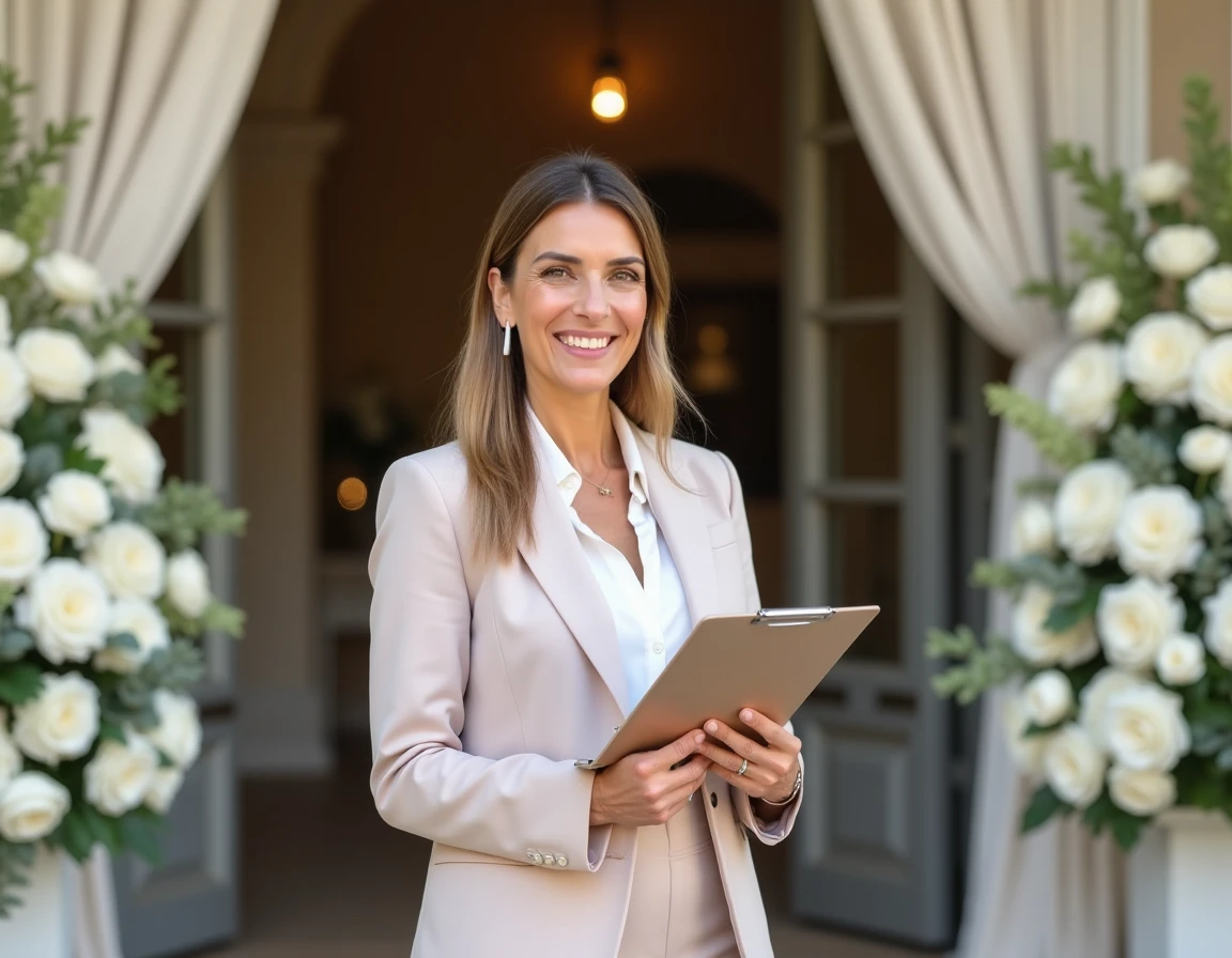 Animatrice de télévision tenant un clipboard devant un lieu de mariage élégant décoré de fleurs blanches