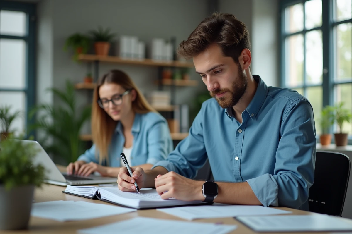 Stagiaire éducateur travaillant en autonomie progressive sous le regard discret de sa tutrice