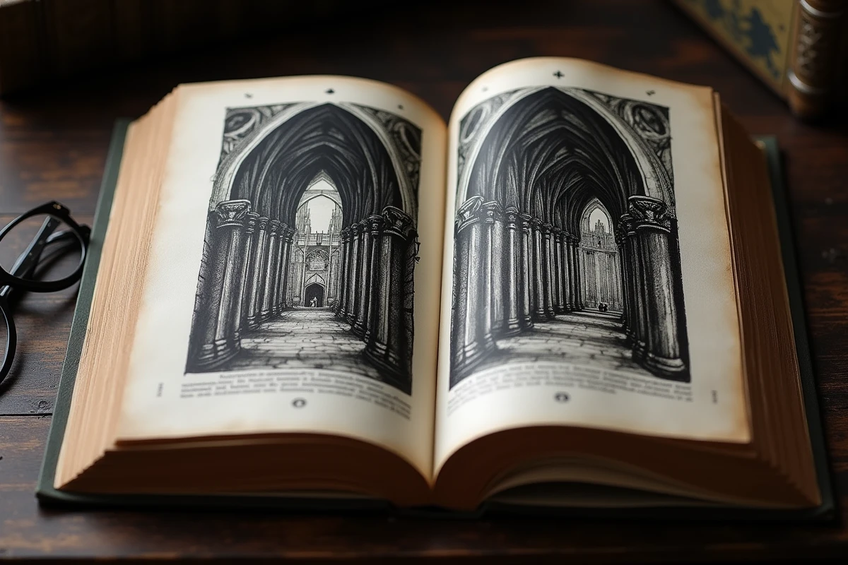 Livre ouvert aux illustrations en noir et blanc avec hachures dramatiques sur un bureau en bois sombre, symbolisant Bible Black de Sei Shoujo