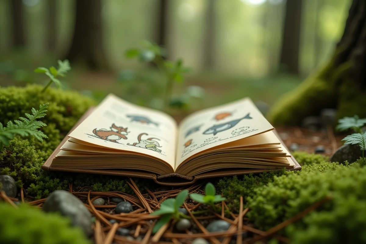 Petit livre illustré posé sur de la mousse en forêt avec des dessins de créatures fantastiques, représentant Bondage Fairies de Kondom