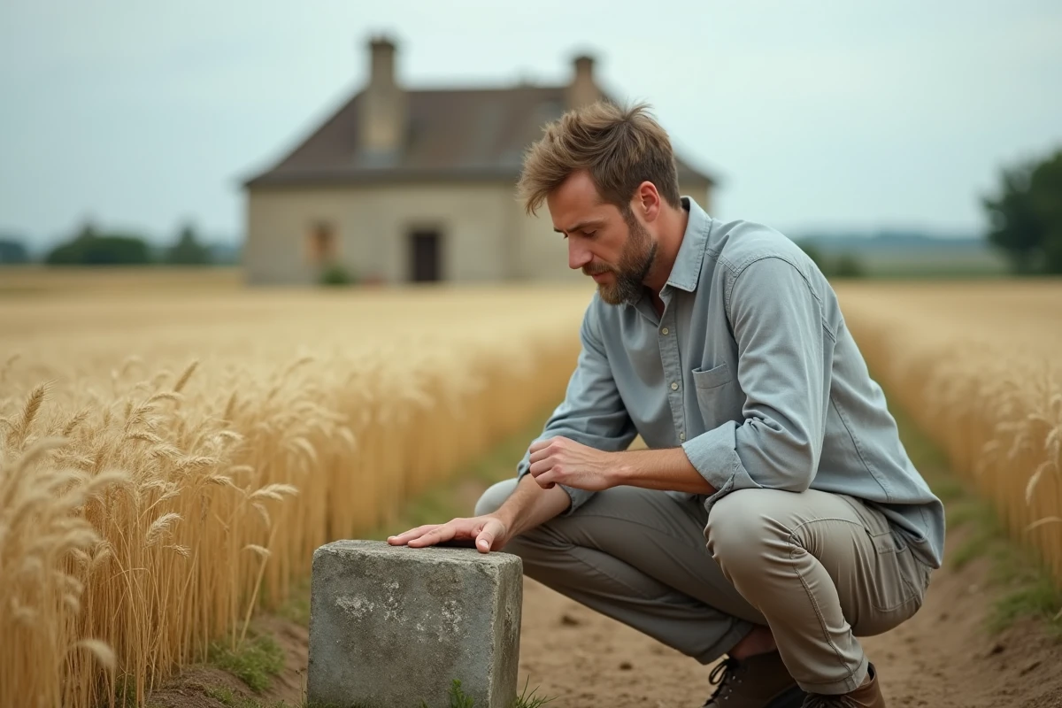 Homme examinant une borne cadastrale dans un champ agricole en France rurale