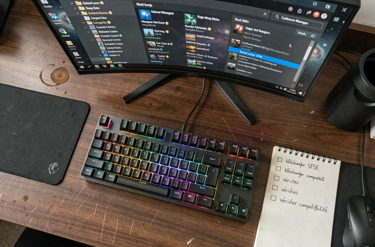 Bureau de gamer avec clavier mécanique et écran affichant un gestionnaire de mods pour Starfield, liste de tâches manuscrite visible