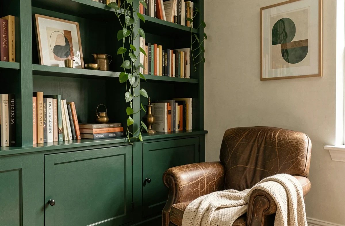 Coin lecture cosy avec bibliothèque verte personnalisée, plantes suspendues et fauteuil en cuir dans un appartement décoré avec soin