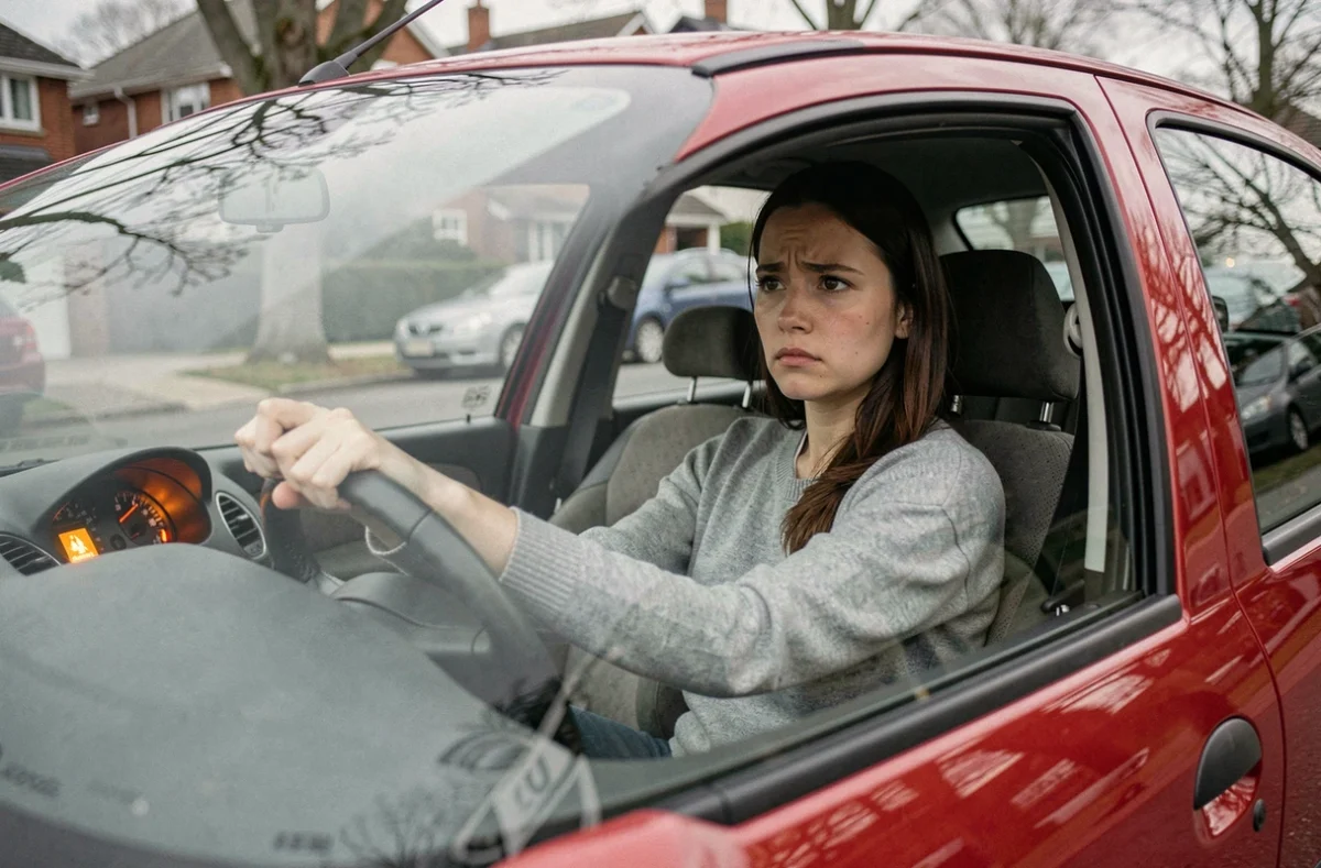 Conductrice inquiète face à un voyant orange allumé sur le tableau de bord de sa Peugeot 206 dans une rue résidentielle