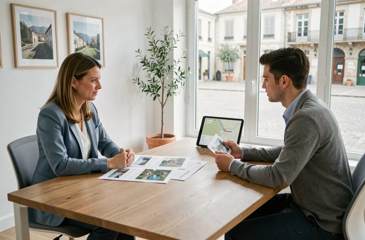 Agent immobilier conseillant un couple dans une agence à Albi avec un dossier de vente dans le Tarn