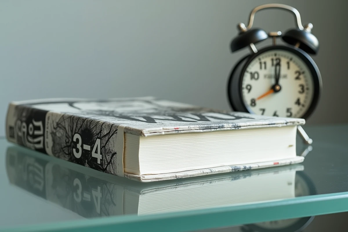 Manga posé sur un bureau en verre à côté d'une horloge analogique rétro, illustrant Countdown de Hiroyuki Utatane