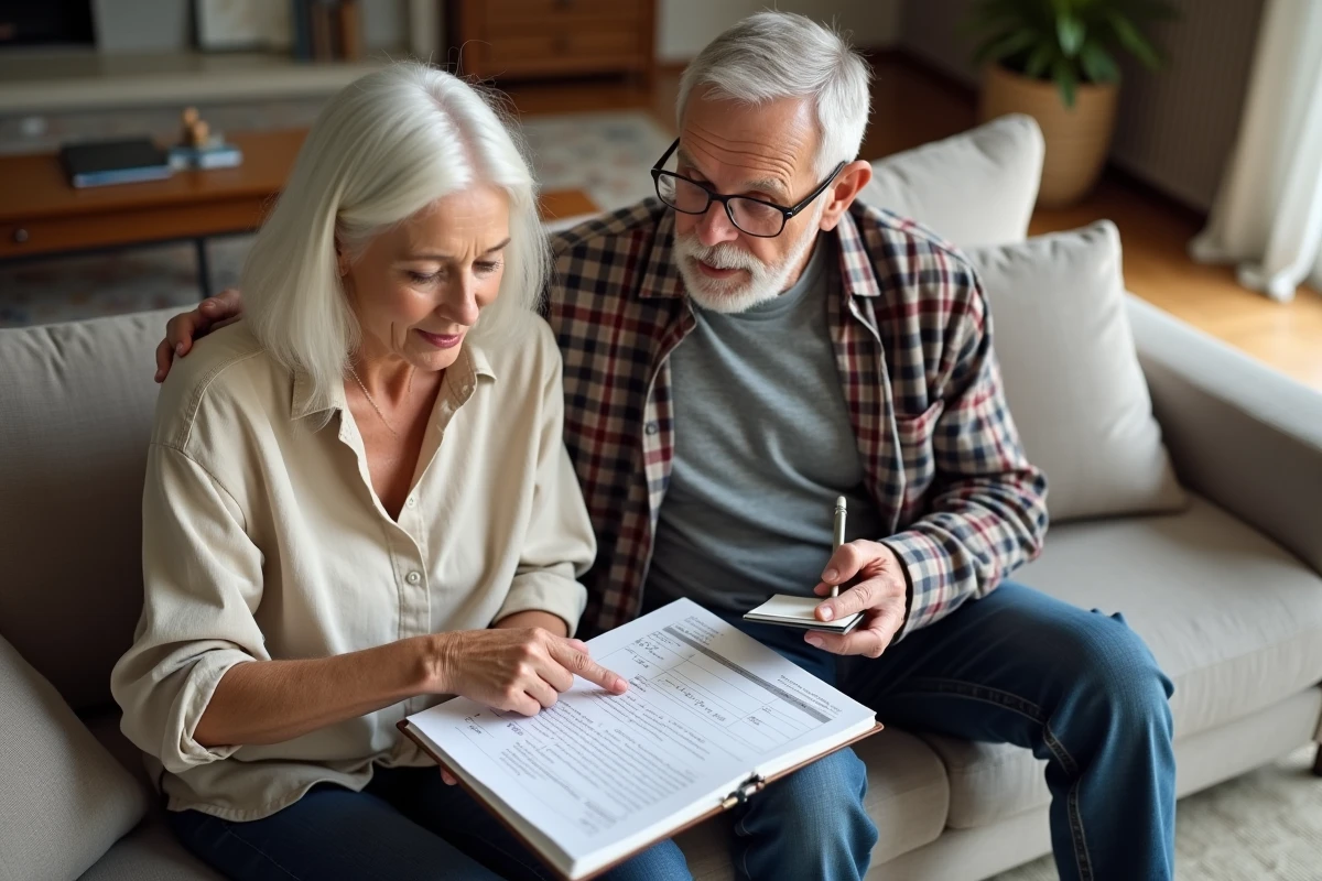 Couple de seniors examinant ensemble le calendrier des paiements de pension d'invalidité 2026