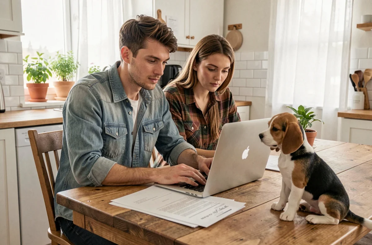 Couple étudiant des documents d'assurance pour animaux avec un chiot beagle sur la table de cuisine, conseils pratiques assurance animaux de compagnie
