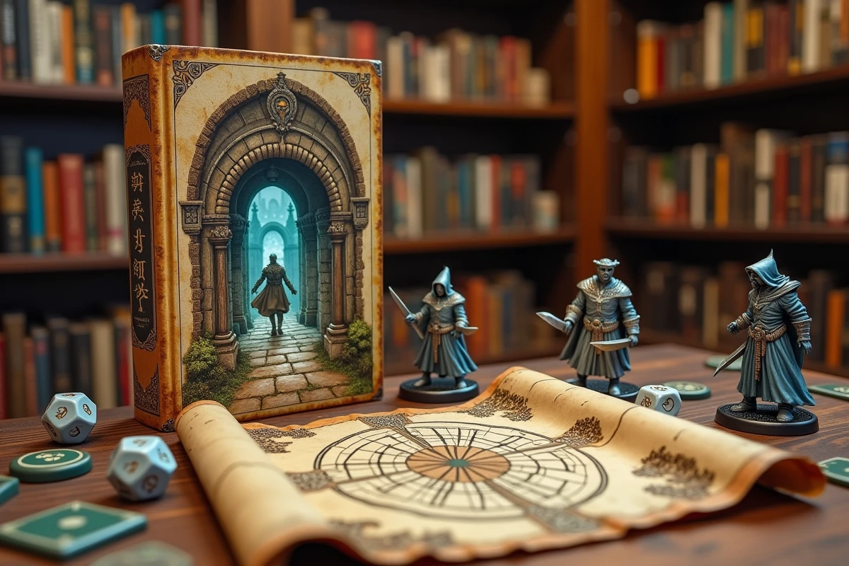 Manga fantasy avec illustration de donjon entouré de dés, figurines et carte de donjon dessinée à la main, illustrant Danmachi Aiz Chronicle
