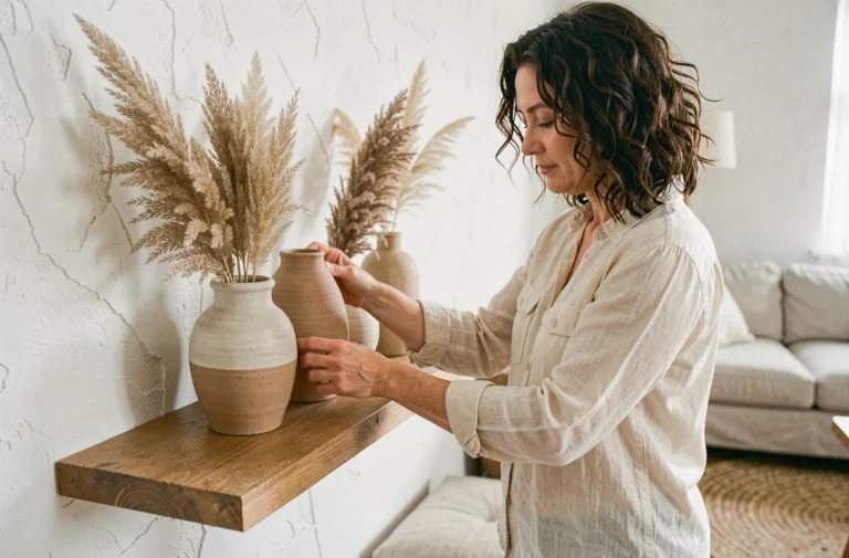 Femme arrangeant des vases en céramique artisanale sur une étagère en chêne dans un salon décoré avec des éléments personnalisés et naturels