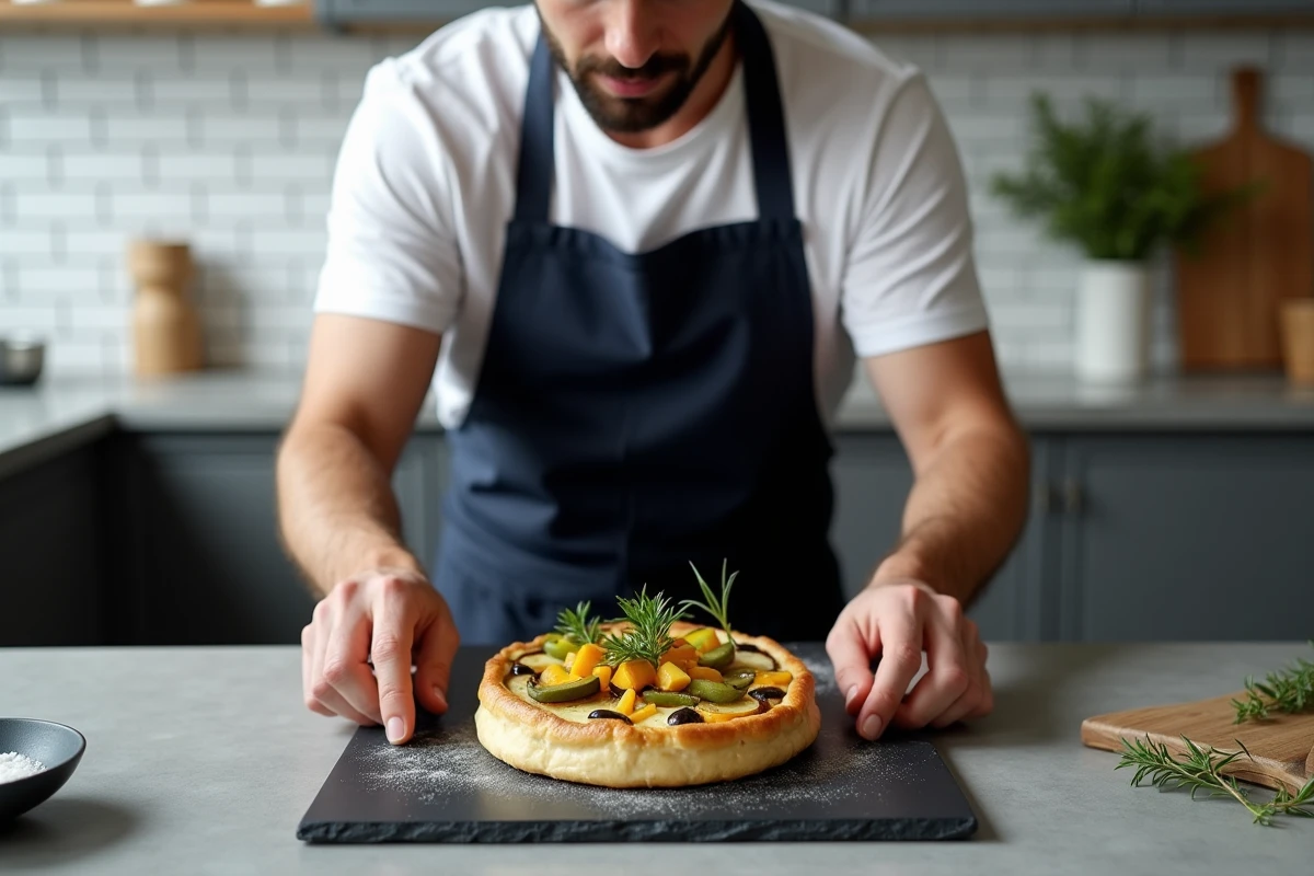 Homme dressant une tarte aux légumes colorée faite maison sur une ardoise dans une cuisine moderne épurée
