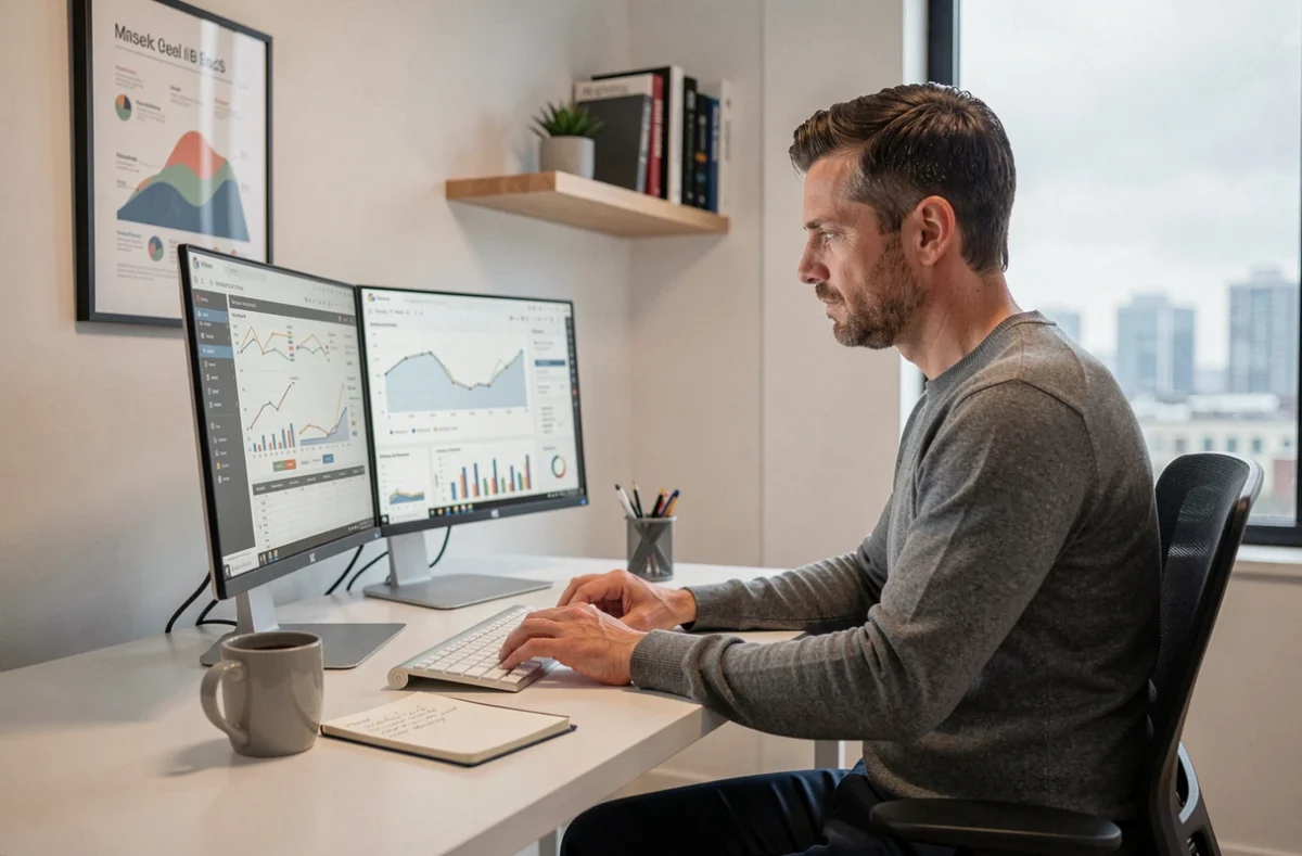 Entrepreneur en télétravail analysant des tableaux de bord de performance sur double écran dans un bureau minimaliste