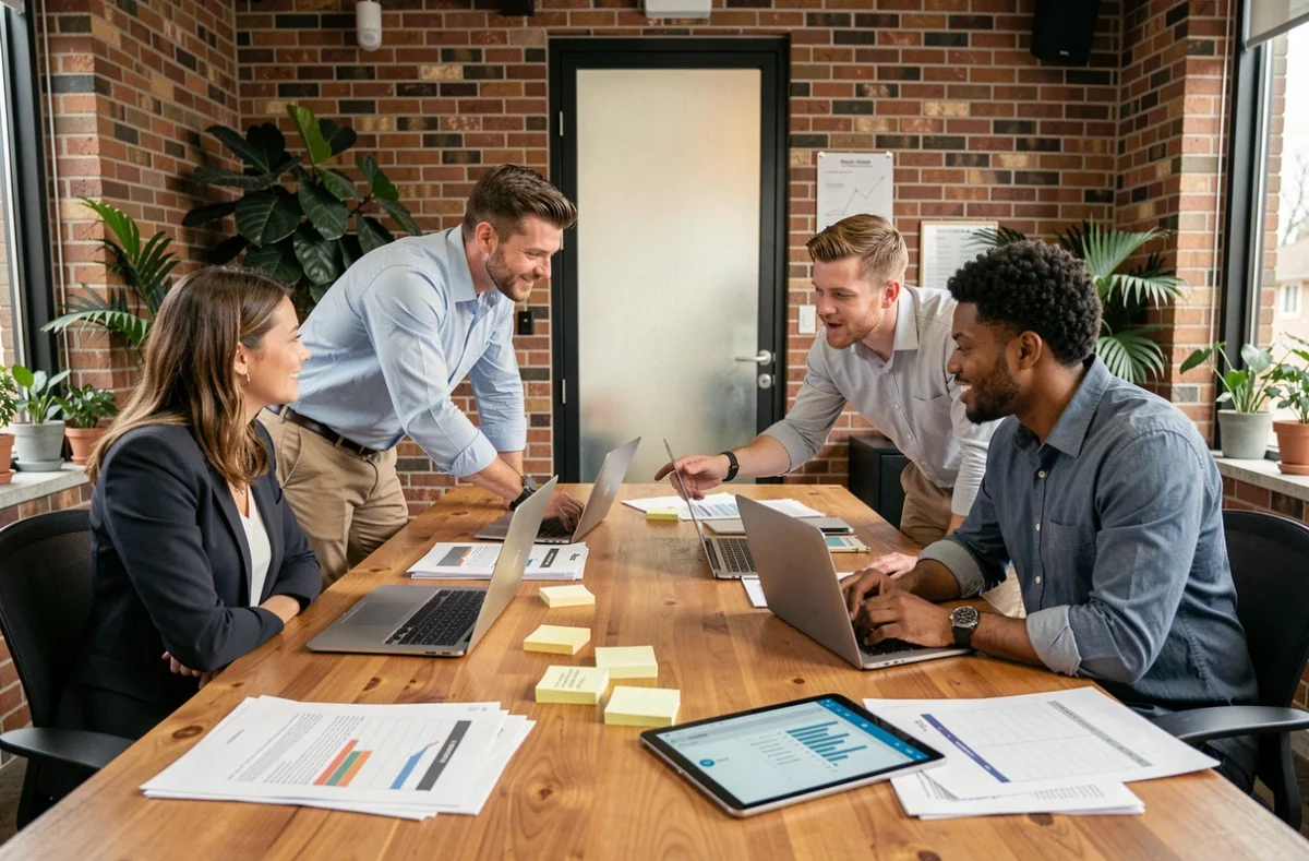 Équipe professionnelle diverse collaborant autour d'une table de réunion avec des outils numériques pour améliorer la performance