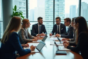 Groupe de professionnels en réunion stratégie dans un bureau moderne