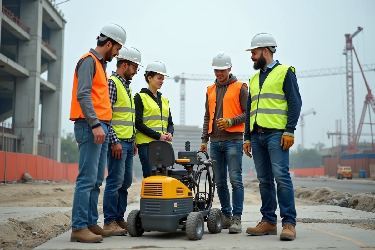 Groupe de travailleurs sur un chantier en discussion