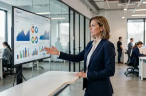 Femme cadre d'entreprise présentant des indicateurs de performance sur un écran digital dans un bureau moderne