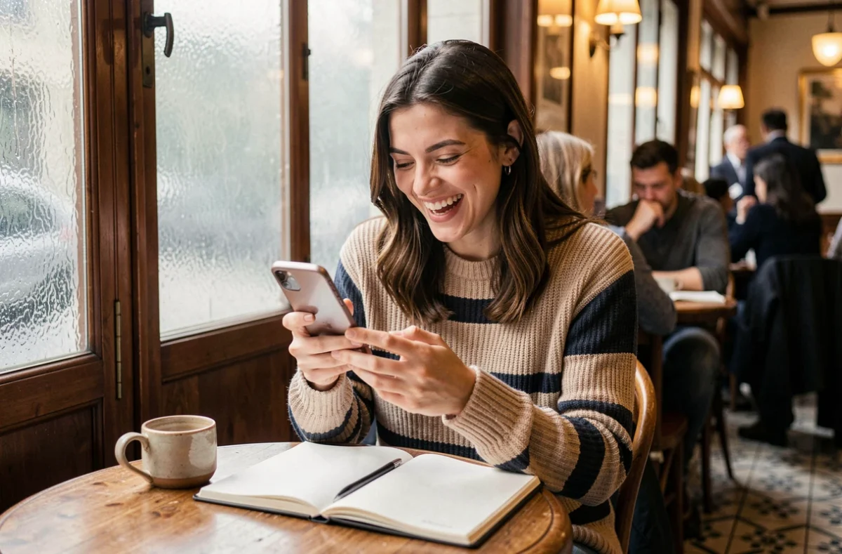 Jeune femme riant en regardant son téléphone dans un café parisien, réaction aux tendances virales des réseaux sociaux