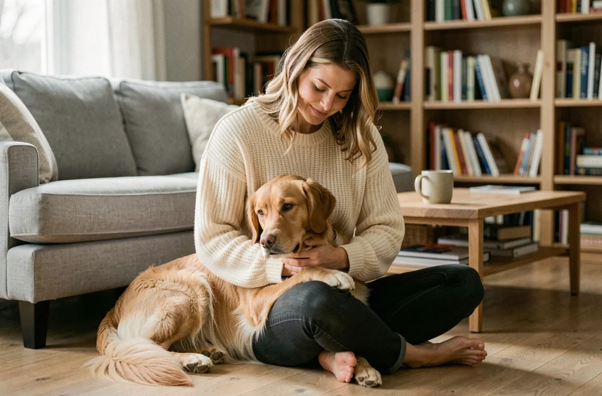 Femme et son golden retriever assis sur un parquet dans un salon cosy, illustrant le lien entre propriétaire et animal de compagnie