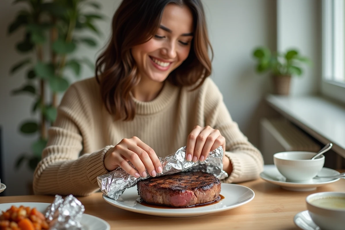 Jeune femme souriante couvrant un steak grillé avec du foil