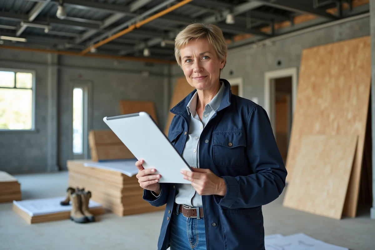 Femme gestionnaire de chantier avec tablette et plans