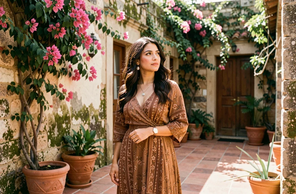 Femme d'origine latino-américaine en robe bohème dans une cour méditerranéenne ensoleillée