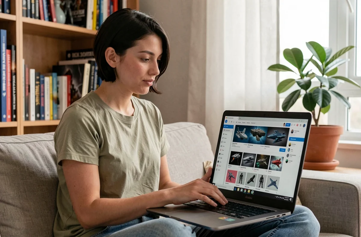 Jeune femme parcourant un site de mods Starfield sur son laptop depuis son canapé, interface de communauté de modding visible
