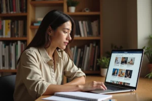 Femme consultant les rubriques d'un site de contenu sur son ordinateur portable dans un bureau à domicile