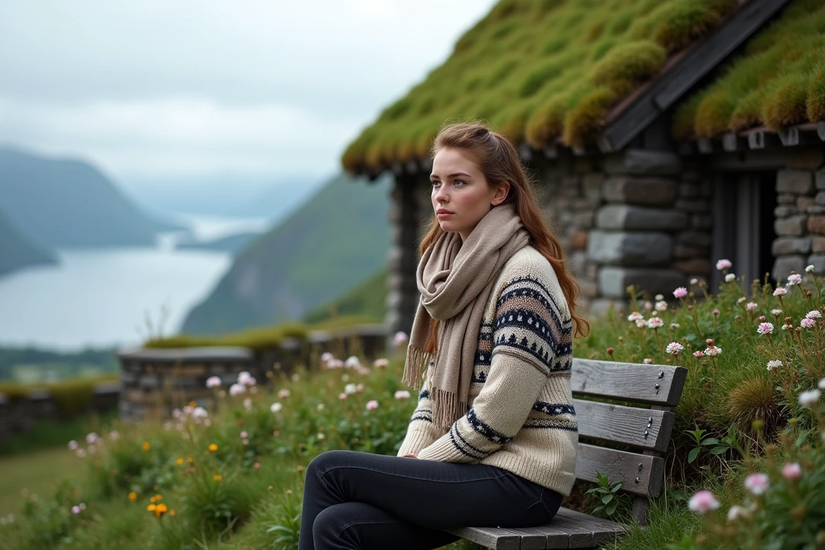 Jeune femme norvegienne assise près d une maison en gazon
