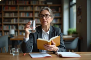 Femme d'âge moyen examinant un livre de sciences avec scepticisme