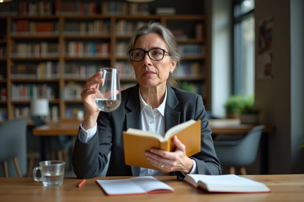 Femme d'âge moyen examinant un livre de sciences avec scepticisme