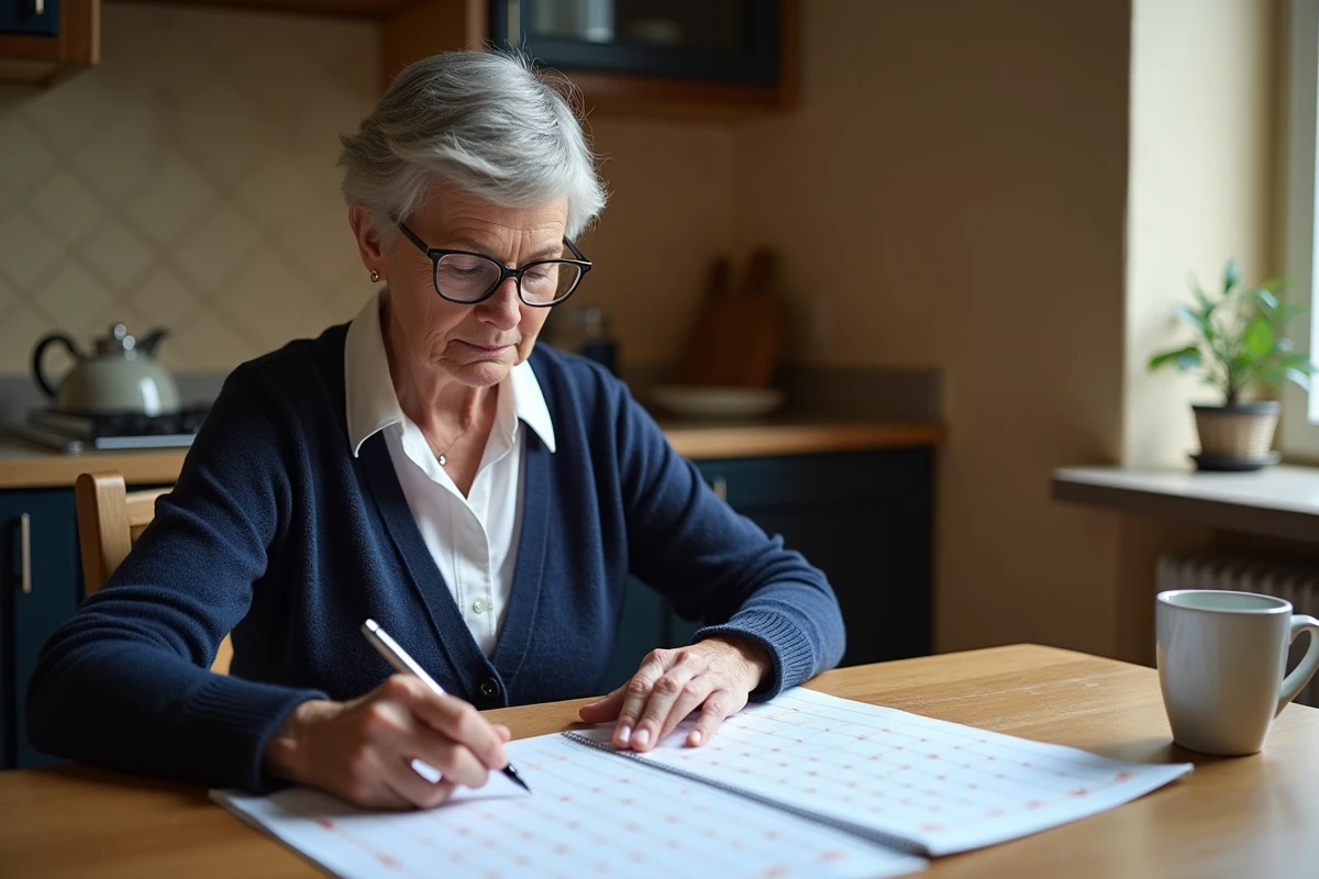 Femme senior consultant un calendrier de paiement de pension d'invalidité 2026 à la maison