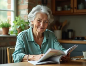 Femme senior souriante lisant un magazine à une table en bois dans une cuisine chaleureuse
