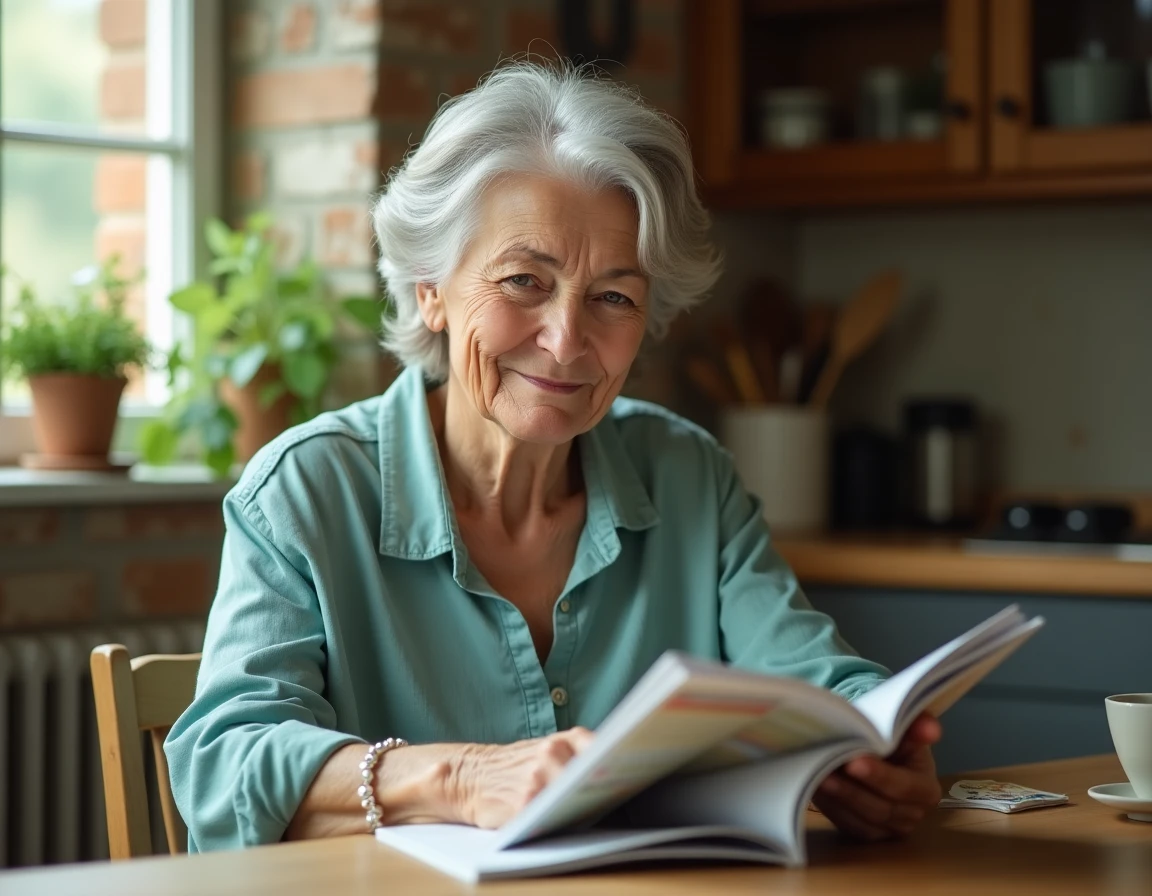Femme senior souriante lisant un magazine à une table en bois dans une cuisine chaleureuse