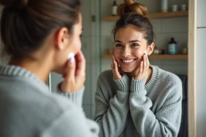 Femme souriante appliquant une creme visage dans sa salle de bain