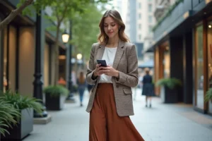 Femme élégante en blazer et jupe dans la ville