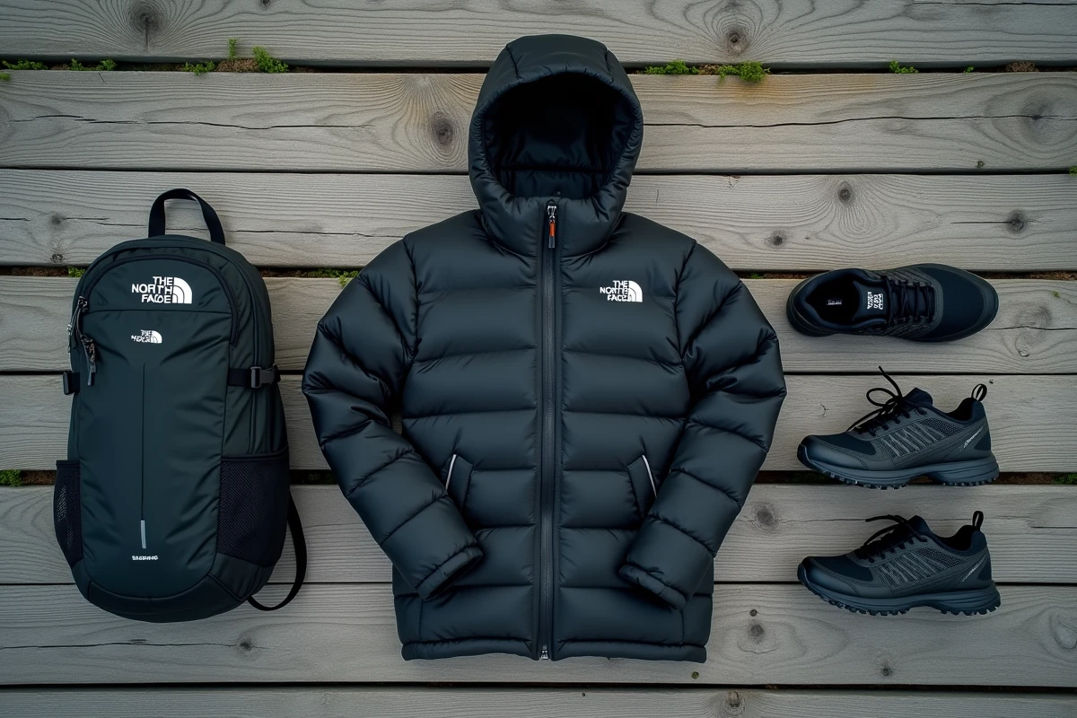 Flat-lay de vêtements et équipements The North Face sur planches de bois, illustrant la diversité et la qualité des produits techniques de la marque