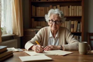 Grand-mère âgée écrivant une lettre manuscrite à sa petite-fille, assise à un bureau en bois entouré de vieilles photos et souvenirs