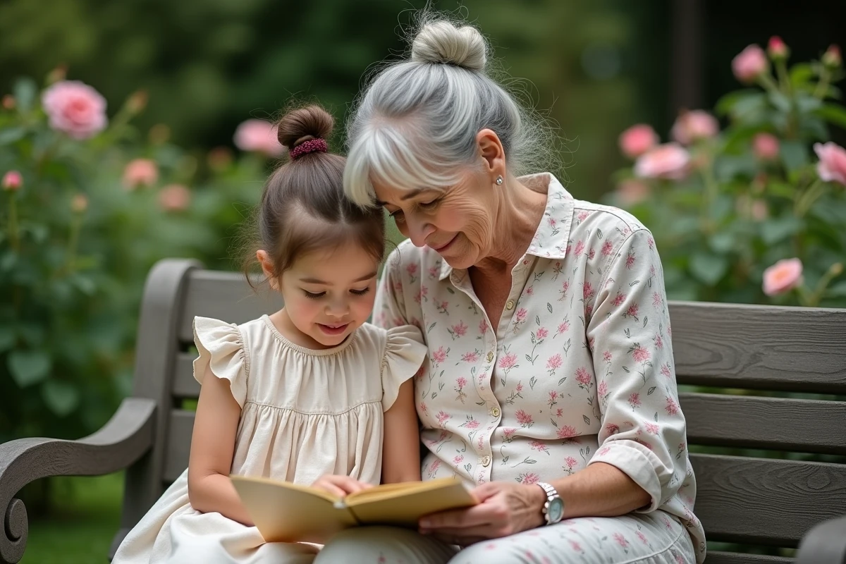 Grand-mère et petite-fille lisant ensemble une lettre manuscrite sur un banc de jardin fleuri au printemps