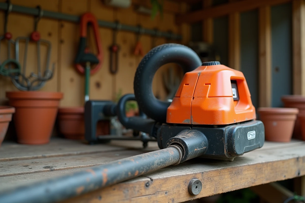 Gros plan sur la tête de coupe et le bloc batterie d'une débroussailleuse Parkside PBS 2 D4 posée sur un établi en bois dans un abri de jardin