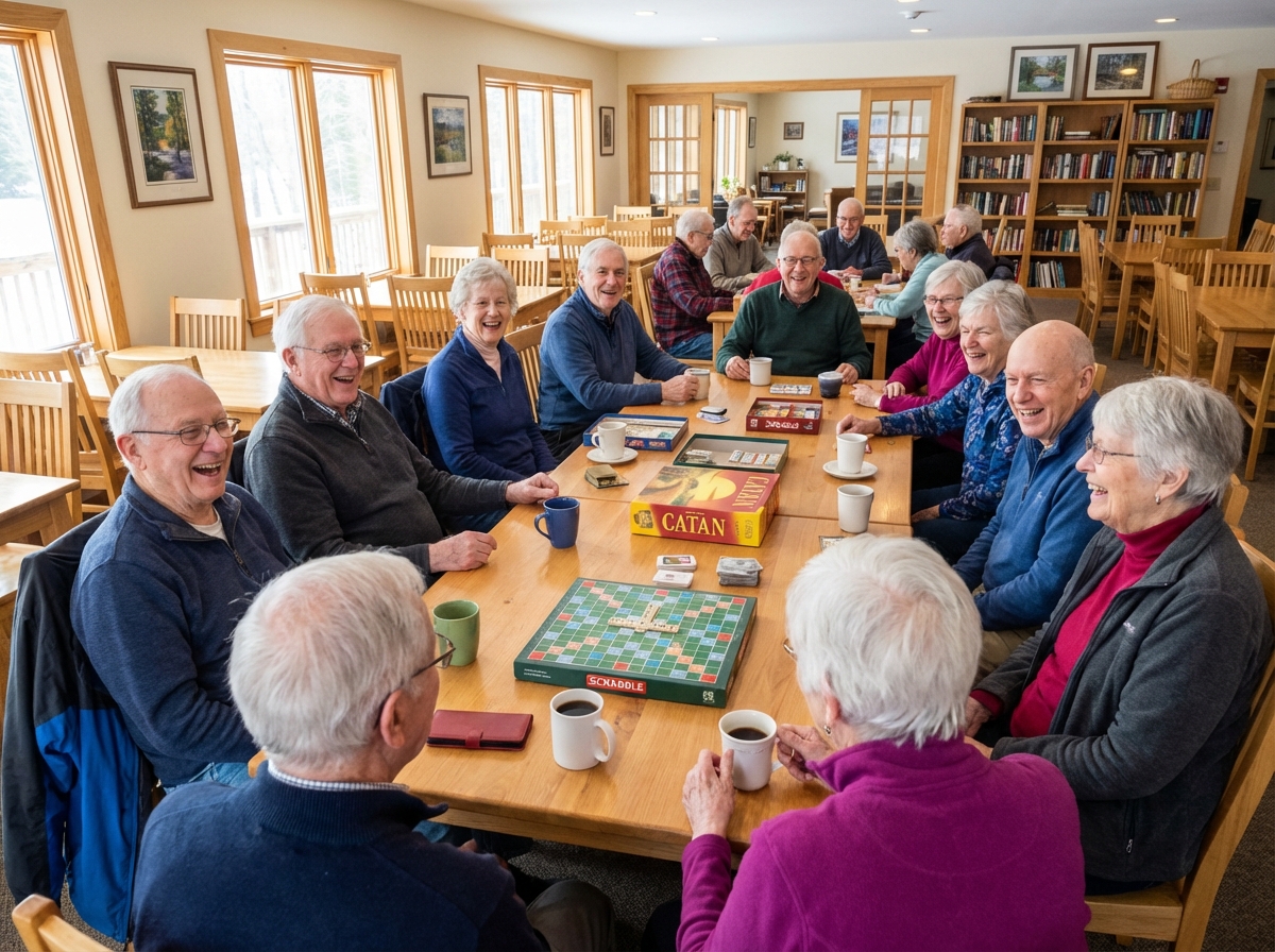 Groupe de seniors jouant et riant autour d une table