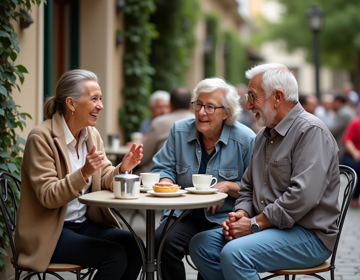 Groupe de seniors heureux partageant un café en terrasse dans une ambiance conviviale