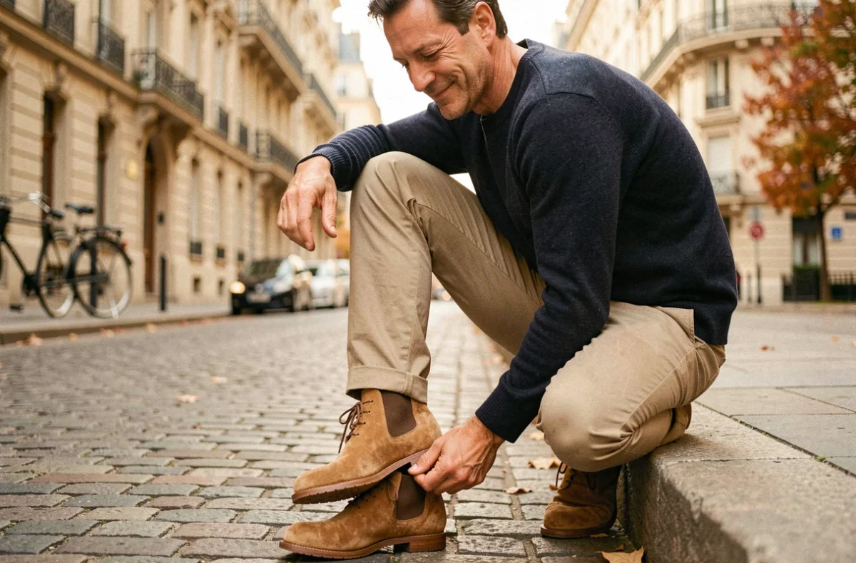 Homme en ville ajustant le lacet de sa Chelsea boot en daim sur des pavés parisiens en automne