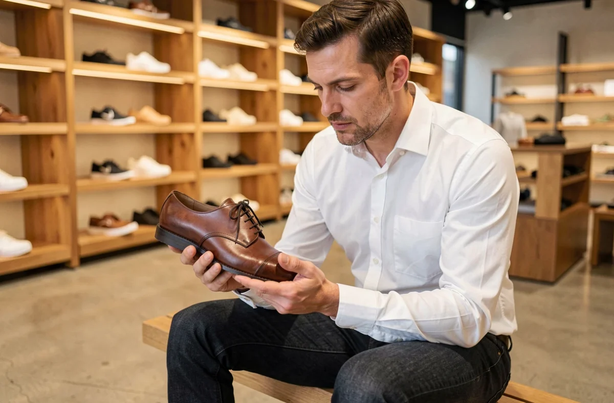 Homme adulte en magasin de chaussures tenant un derby en cuir brun pour évaluer sa pointure