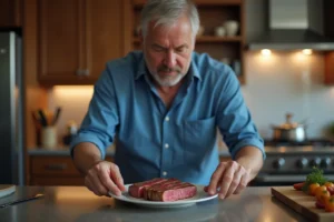 Homme d'âge moyen préparant des tranches de ribeye dans la cuisine