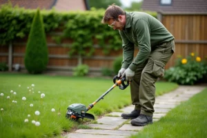 Homme utilisant une débroussailleuse sans fil Parkside PBS 2 D4 pour entretenir les bords d'une allée en pierre dans un jardin résidentiel
