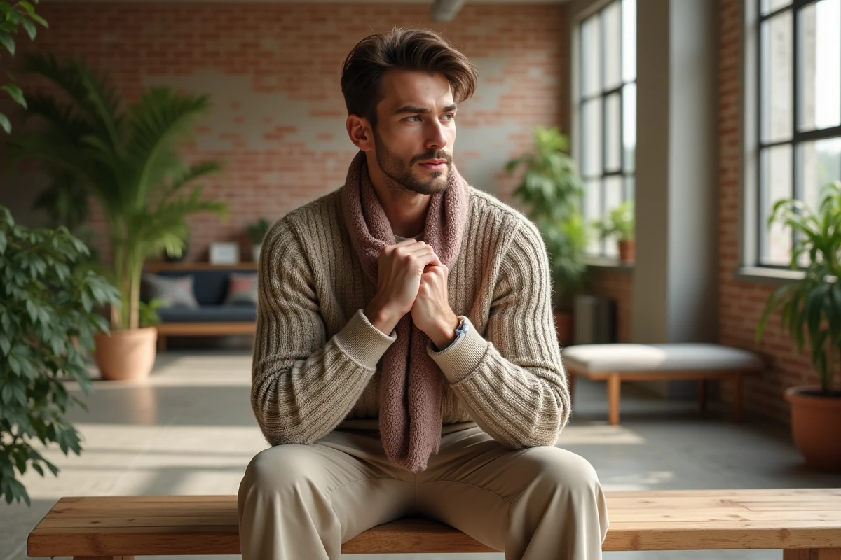 Homme en pull et pantalon large dans un loft lumineux