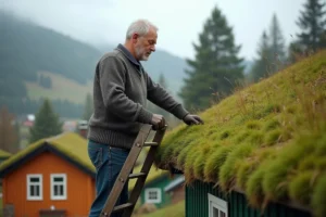 Homme norvegien en laine vert tendre sur toit en gazon
