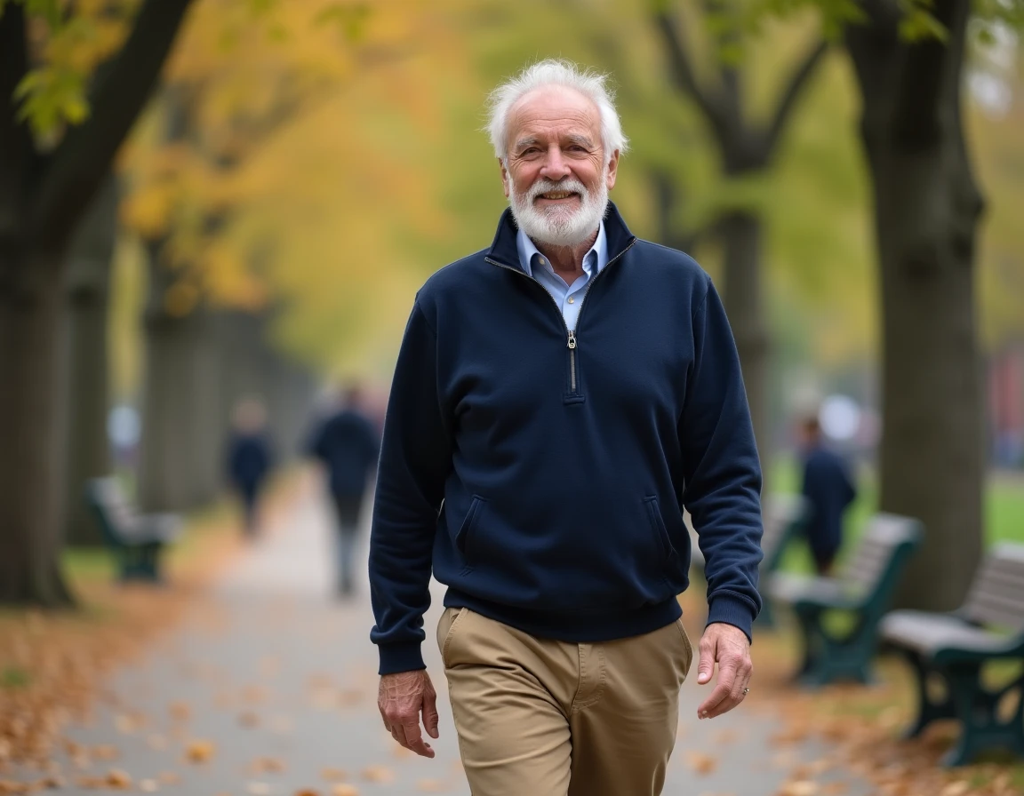 Homme senior actif se promenant dans un parc en automne sur un chemin de gravier